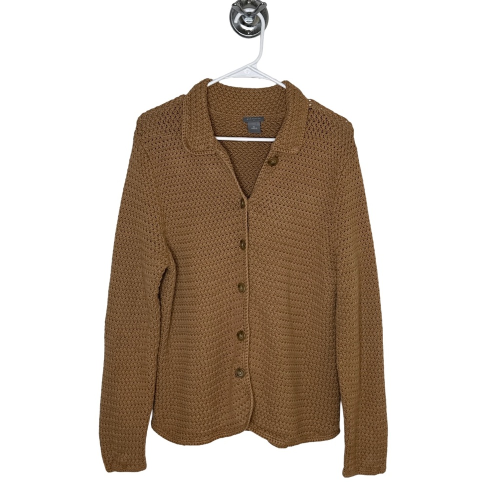ANN TAYLOR Cardigan Sweater Women’s XL Camel Chunky Knit Cotton Button Cabincore